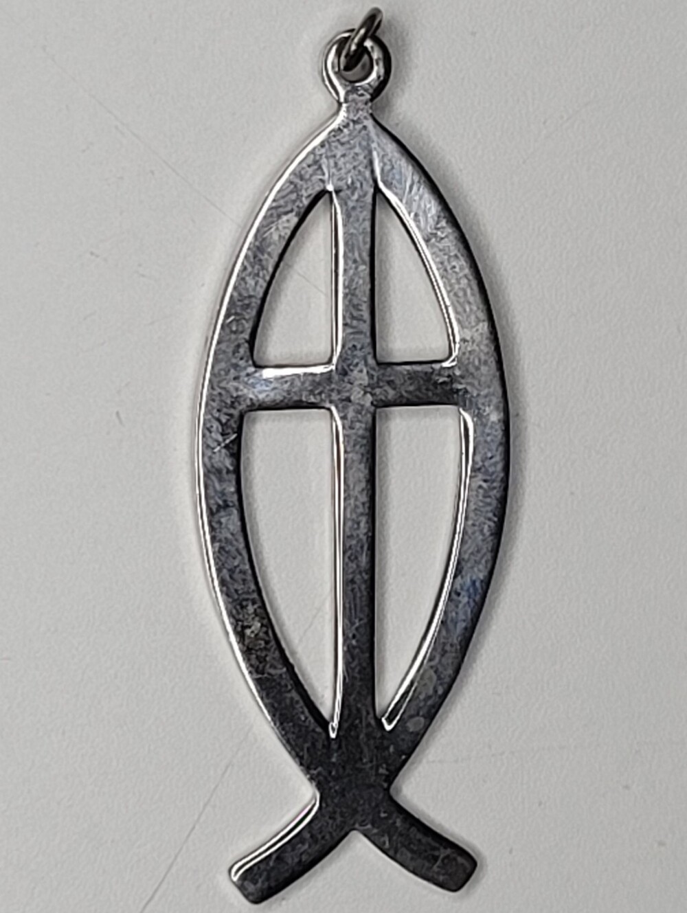 Vintage Sterling Silver Large Ichthus Christian Jesus Fish & Cross Pendant 2"